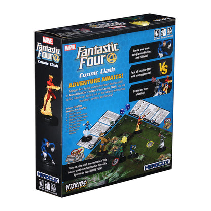 The Marvel HeroClix Fantastic Four Cosmic Clash Starter Set box features game figures, a map, and text about the game