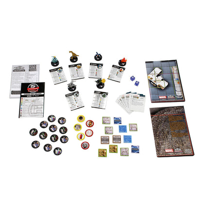 A Marvel HeroClix Fantastic Four Cosmic Clash Starter Set laid out, showing character figurines, game cards, dice, various tokens, and game boards