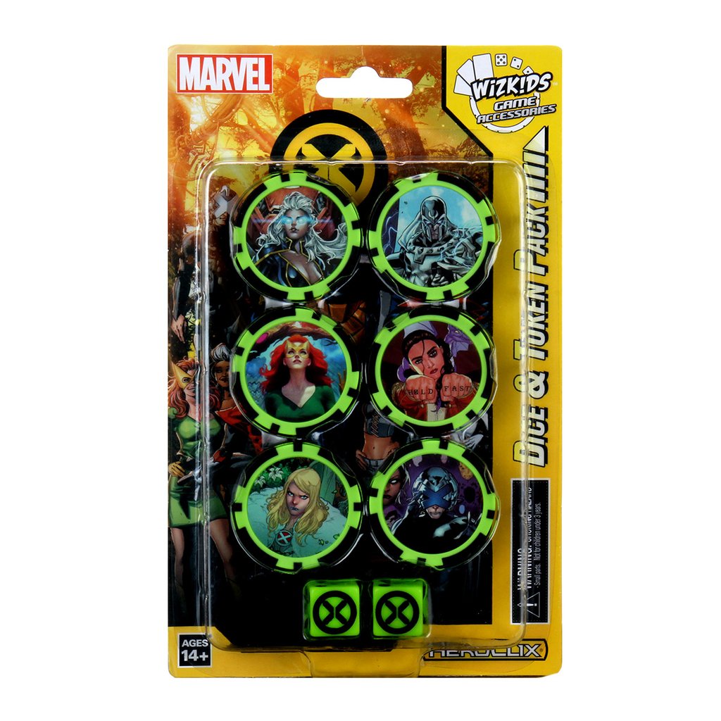A Marvel X-Men Dice &amp; Token Pack in blister packaging, showing six character tokens and two green X-Men dice