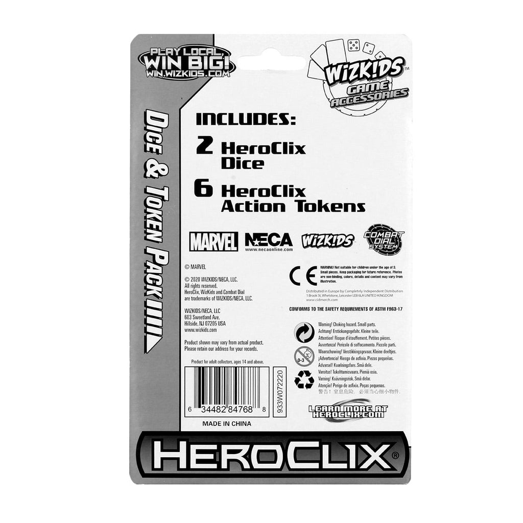 Back of a WizKids HeroClix Dice &amp; Token Pack package, detailing its contents: 2 dice and 6 action tokens