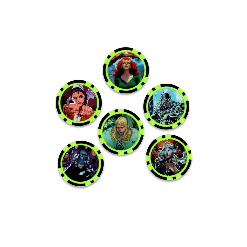 Six X-Men character chips with bright green and black borders, showing various superhero portraits