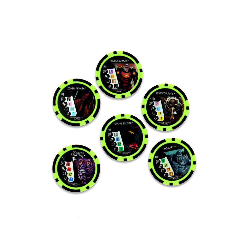 Six circular Marvel game tokens with green borders and character art, arranged on a white surface