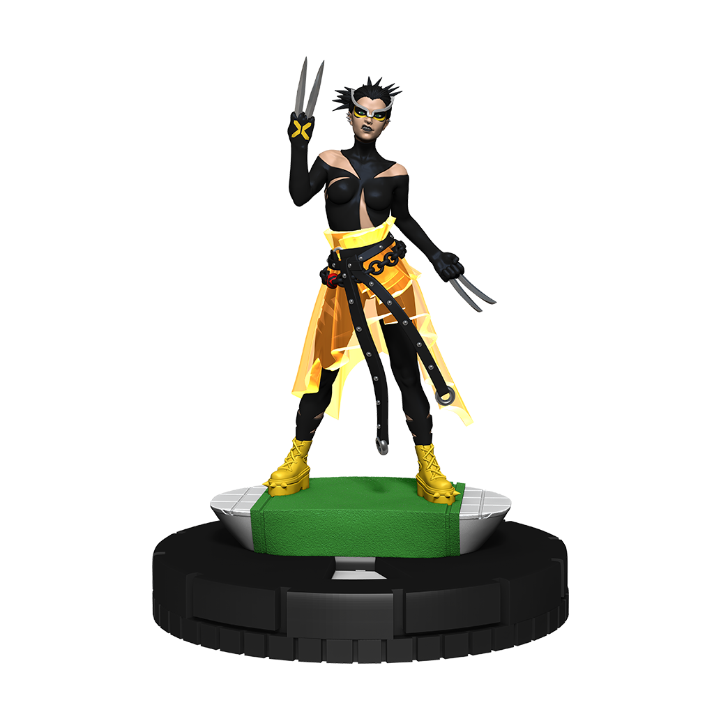 A Marvel HeroClix X-Men Hellfire Gala Premium Collection 2 figure depicts a female character in black and yellow with blades, standing on a green and black base