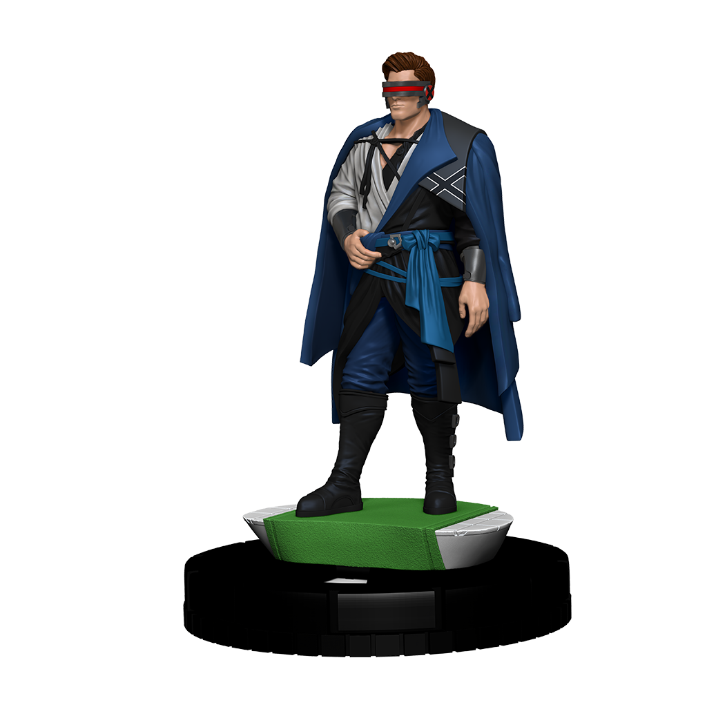 A Marvel HeroClix figure wearing a blue cape, black and white outfit, and red visor, standing on a green and silver base