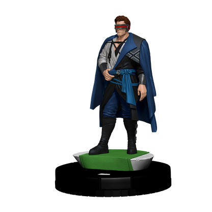 A Marvel HeroClix figure wearing a blue cape, black and white outfit, and red visor, standing on a green and silver base