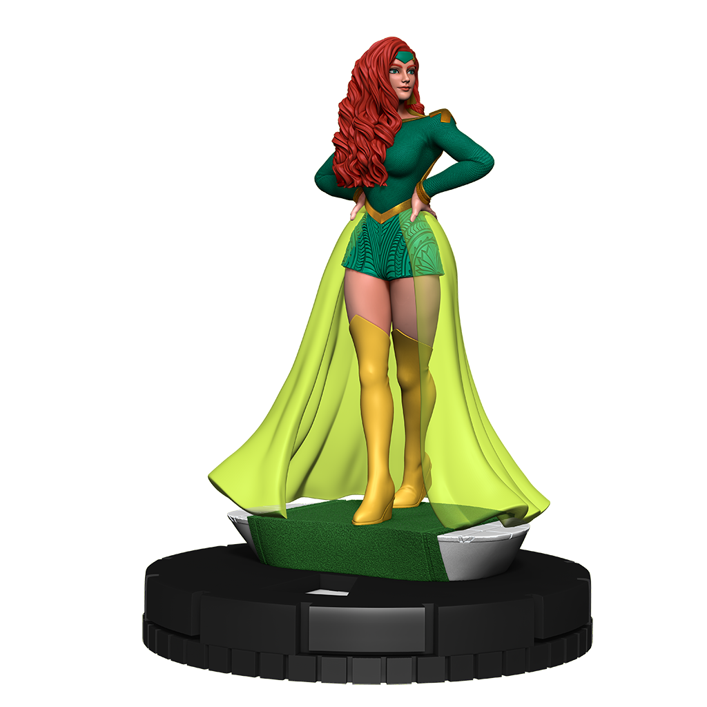 A HeroClix miniature of a woman with long red hair, wearing a green costume with a flowing light green cape and yellow boots, standing on a round base