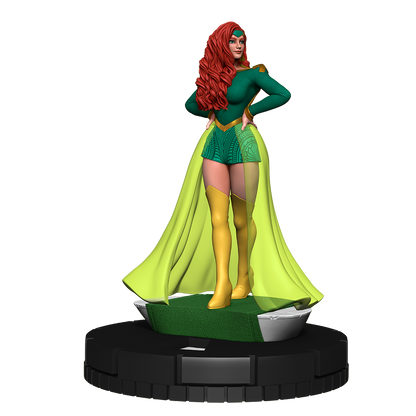 A HeroClix miniature of a woman with long red hair, wearing a green costume with a flowing light green cape and yellow boots, standing on a round base