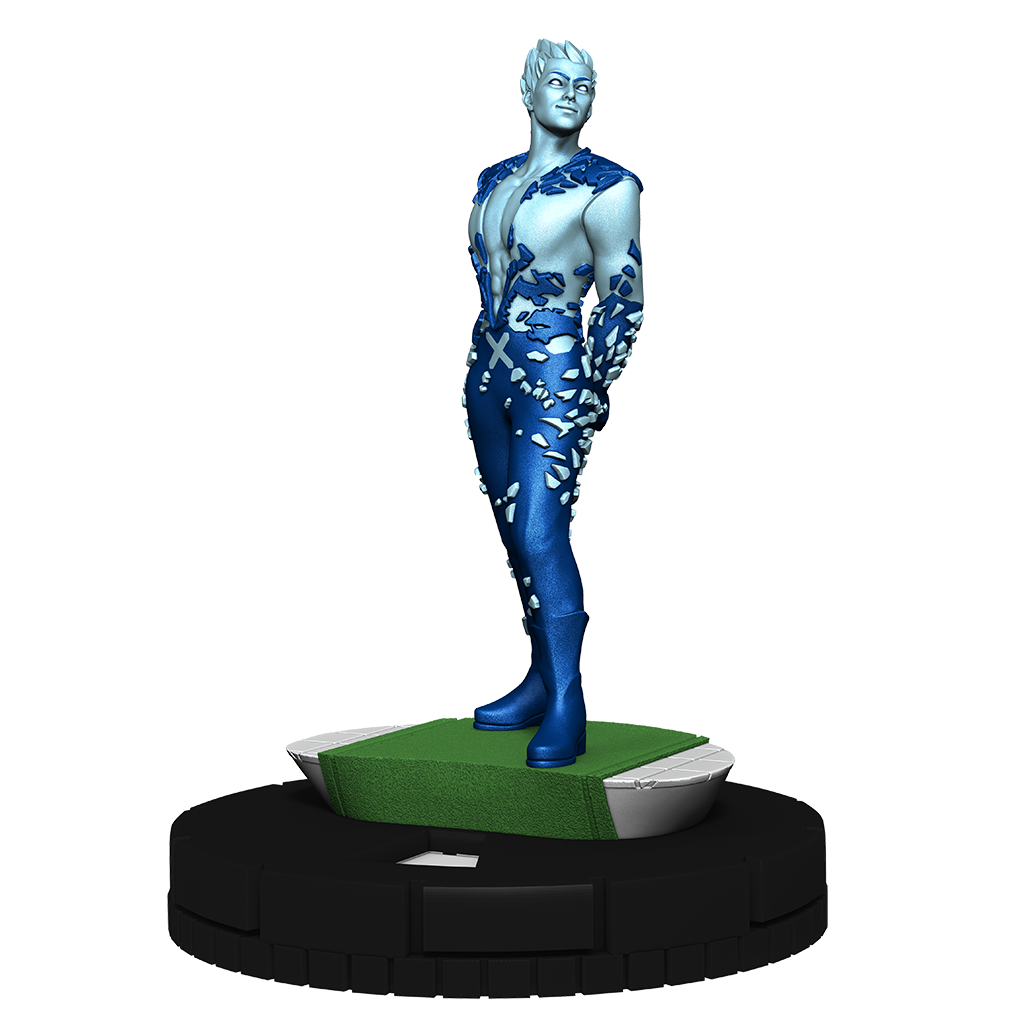 A light blue and dark blue miniature figure with a fragmented ice-like design standing on a green base