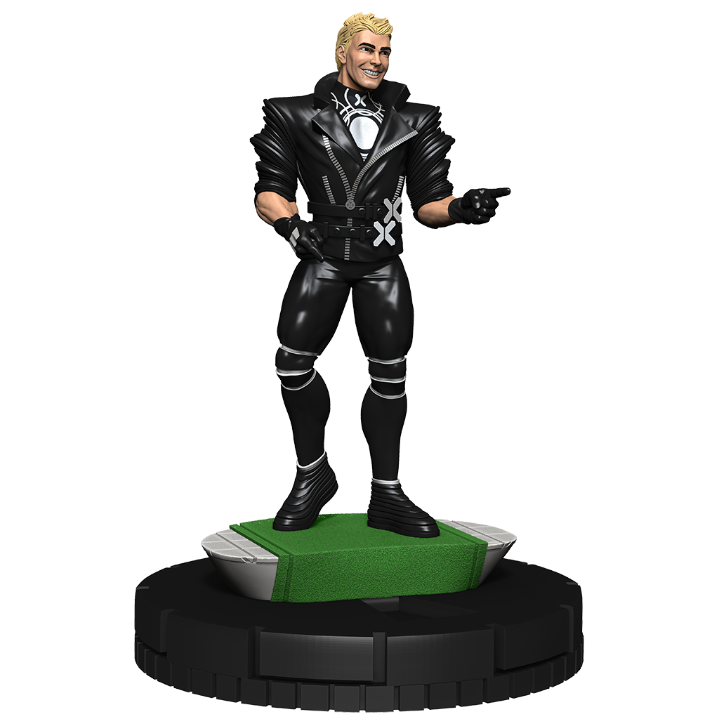 A Marvel HeroClix figurine of a blonde man in a black leather outfit and gloves, smiling and pointing forward, standing on a green and black base