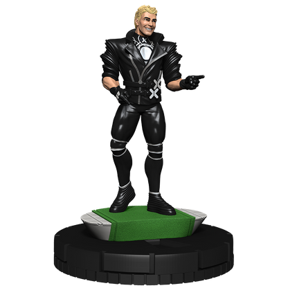 A Marvel HeroClix figurine of a blonde man in a black leather outfit and gloves, smiling and pointing forward, standing on a green and black base