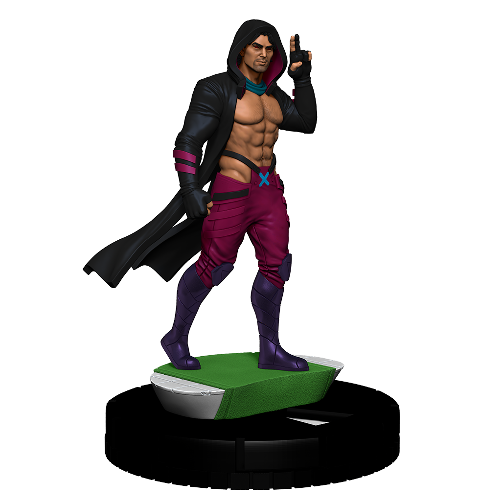 A HeroClix X-Men Hellfire Gala figure of a muscular man in a black hooded cloak, maroon pants, and purple boots, raising two fingers