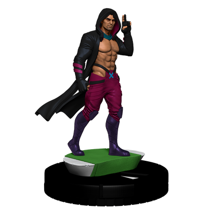 A HeroClix X-Men Hellfire Gala figure of a muscular man in a black hooded cloak, maroon pants, and purple boots, raising two fingers