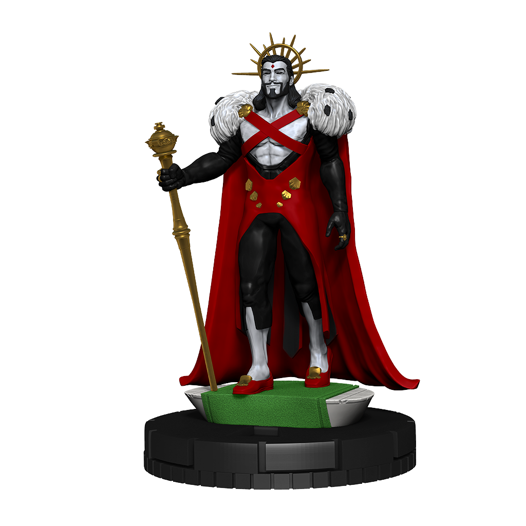 A Marvel HeroClix X-Men Hellfire Gala Premium Collection miniature of a male figure in a red cape, black suit, and crown, holding a golden staff, standing on a black base