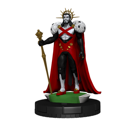 A Marvel HeroClix X-Men Hellfire Gala Premium Collection miniature of a male figure in a red cape, black suit, and crown, holding a golden staff, standing on a black base