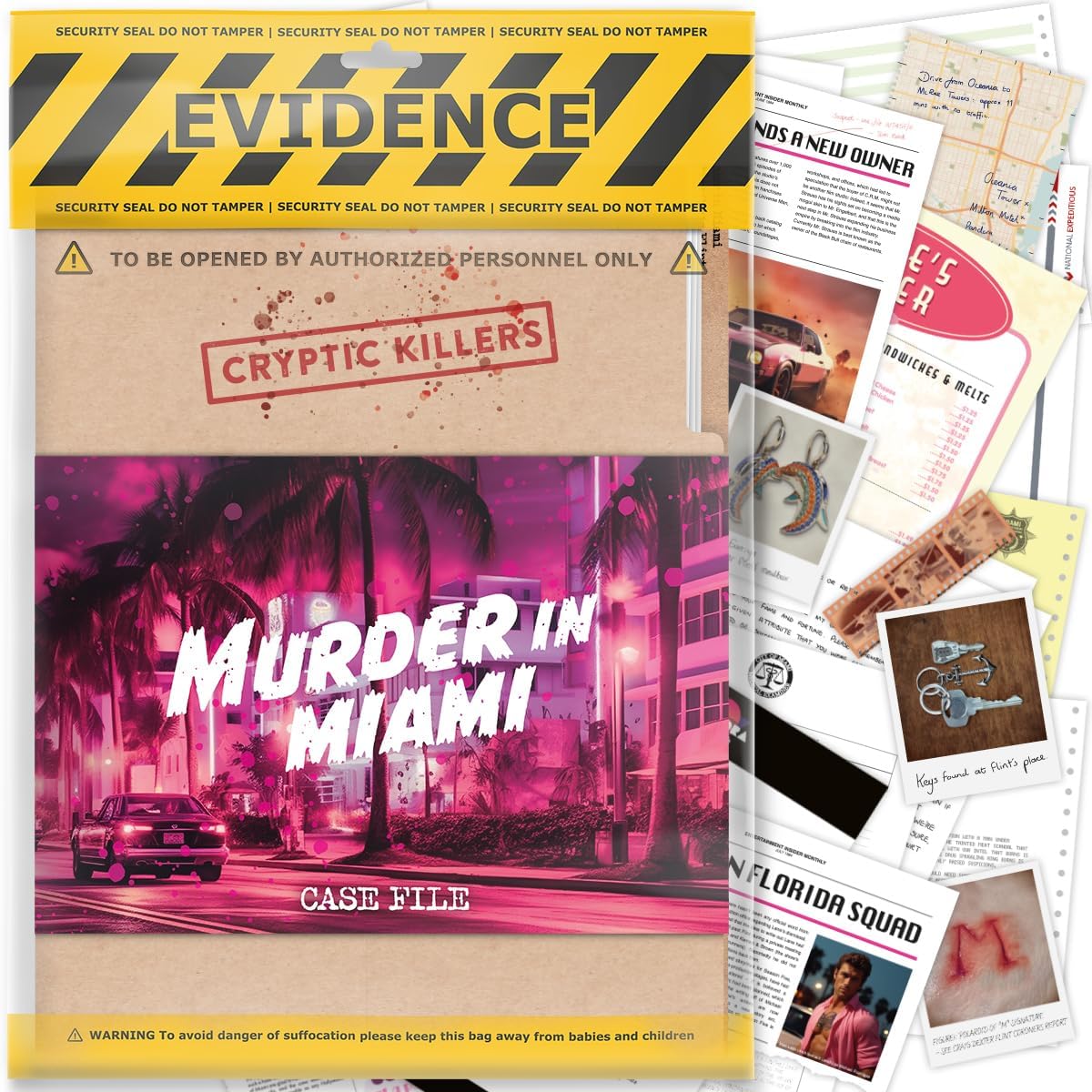 A Cryptic Killers "Murder in Miami" cold case file is displayed as an evidence bag overflowing with newspaper clippings, photos, and crime scene documents