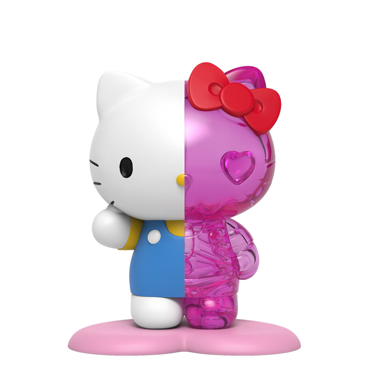 Hello Kitty figure split in half: one side solid white, the other transparent magenta crystal