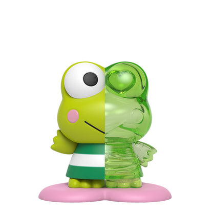 Green frog figure (Keroppi) split design: half opaque plastic, half translucent clear plastic