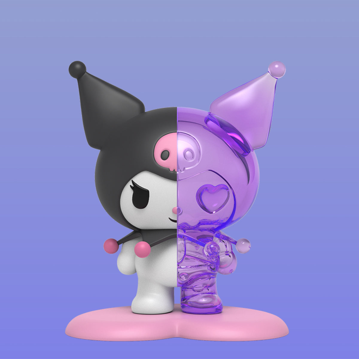 Kuromi vinyl figure split down the middle, half solid black/white and half transparent purple