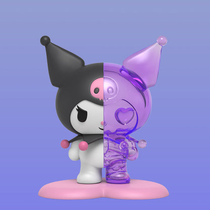Kuromi vinyl figure split down the middle, half solid black/white and half transparent purple