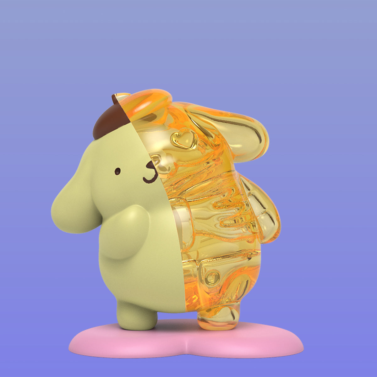 Split Pompompurin figure: half matte pale yellow, half translucent melted gold