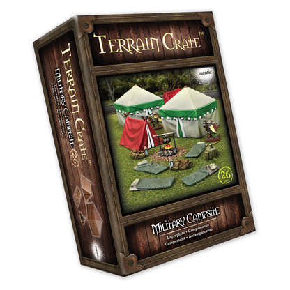 Box for Terrain Crate Military Campsite: miniature tents, campfire, sleeping bags, equipment, and figures displayed on grass