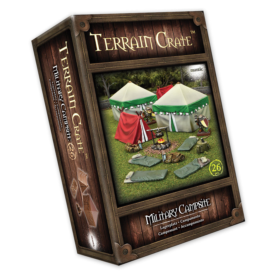 Box for Terrain Crate Military Campsite: miniature tents, campfire, sleeping bags, equipment, and figures displayed on grass