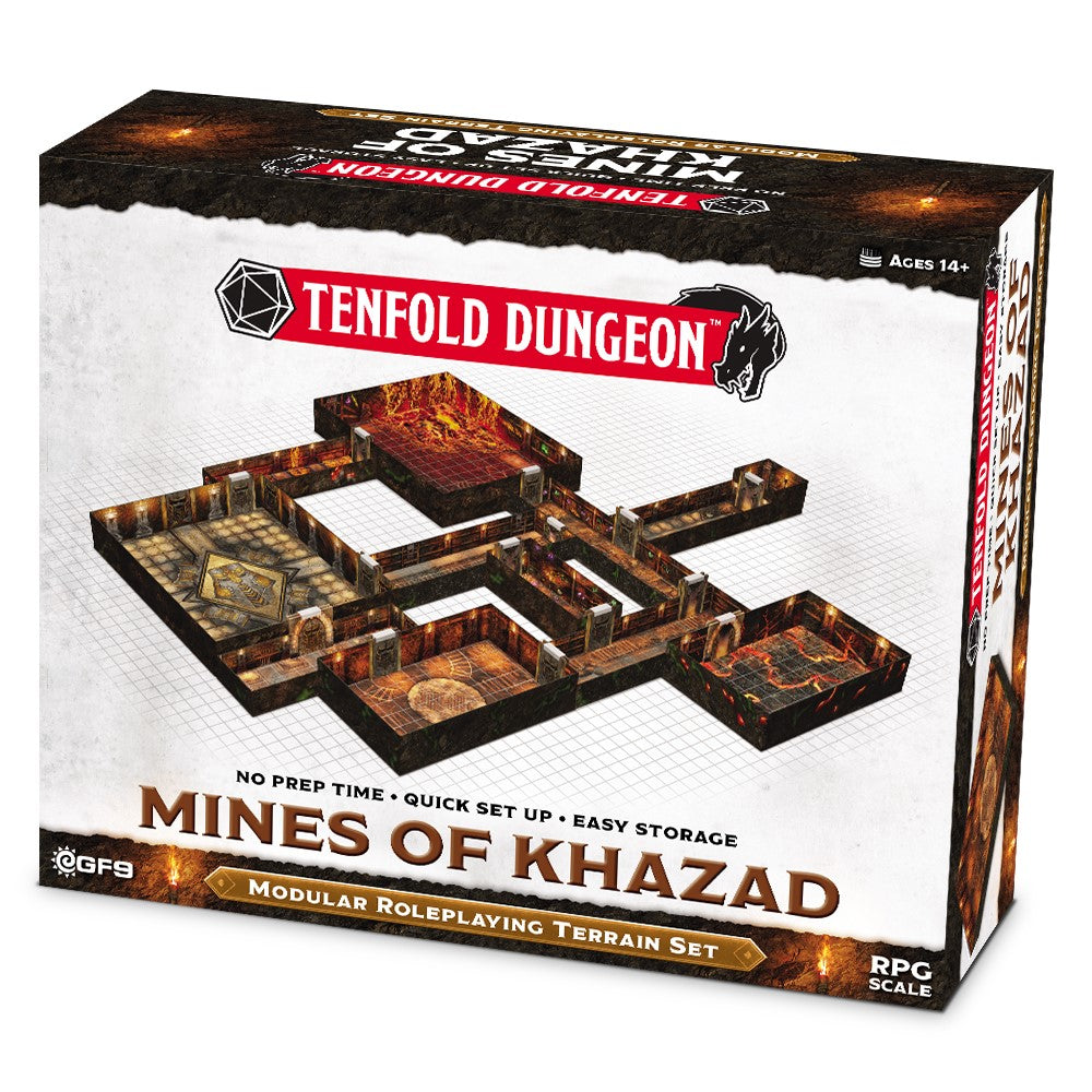 The Tenfold Dungeon Mines of Khazad box shows a modular dungeon layout with detailed rooms, corridors, and fiery lava pits