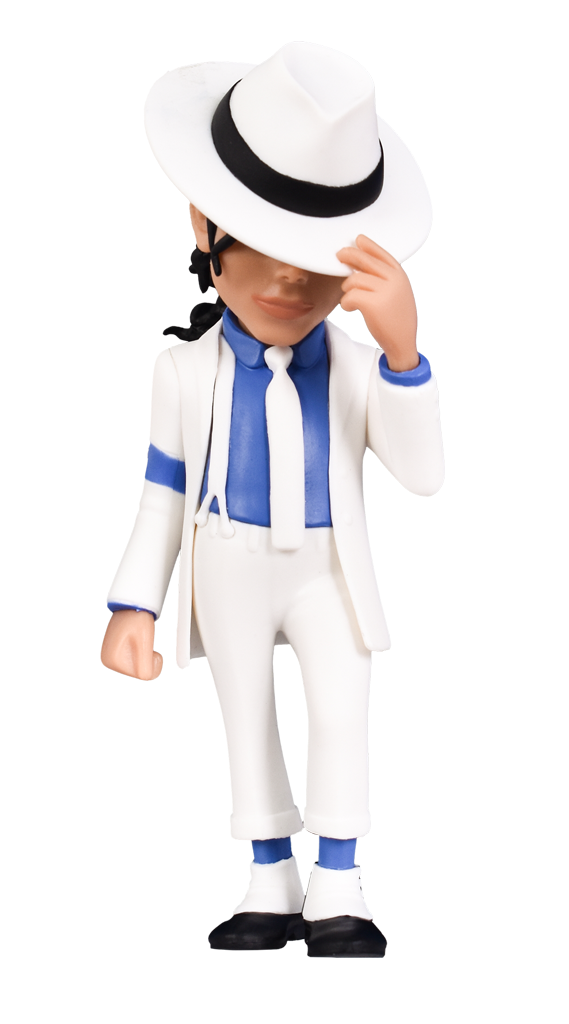 A MINIX Michael Jackson Smooth Criminal figure, clad in his white suit with blue shirt, tie, and arm band, black shoes, and fedora, gently tilts his hat