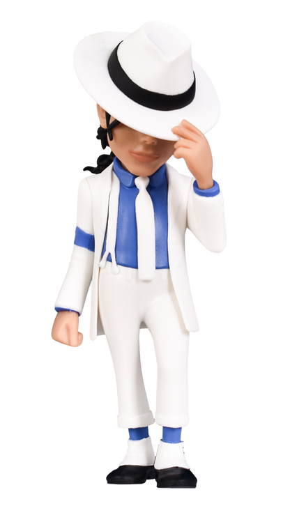 A MINIX Michael Jackson Smooth Criminal figure, clad in his white suit with blue shirt, tie, and arm band, black shoes, and fedora, gently tilts his hat