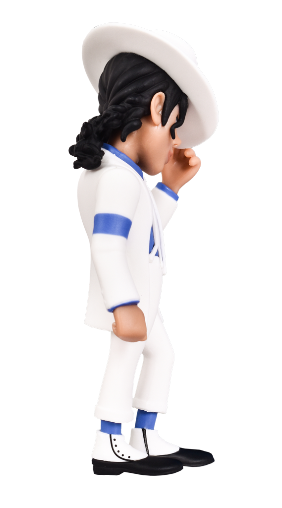 A MINIX Michael Jackson Smooth Criminal figure in his iconic white suit with blue armbands, white fedora, and white spats, leaning forward with hand near his mouth