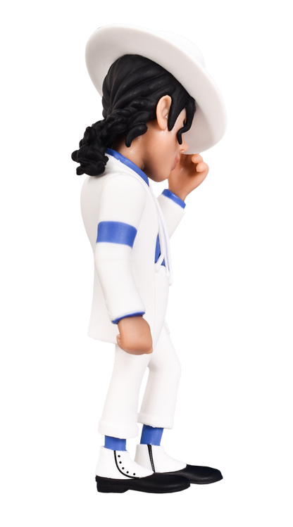 A MINIX Michael Jackson Smooth Criminal figure in his iconic white suit with blue armbands, white fedora, and white spats, leaning forward with hand near his mouth