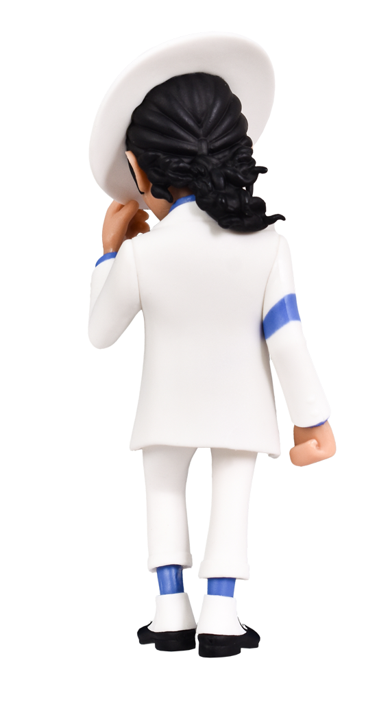Rear view of the MINIX Michael Jackson Smooth Criminal figure, wearing a white fedora, white suit with a blue armband, and black shoes, his right hand poised near the hat