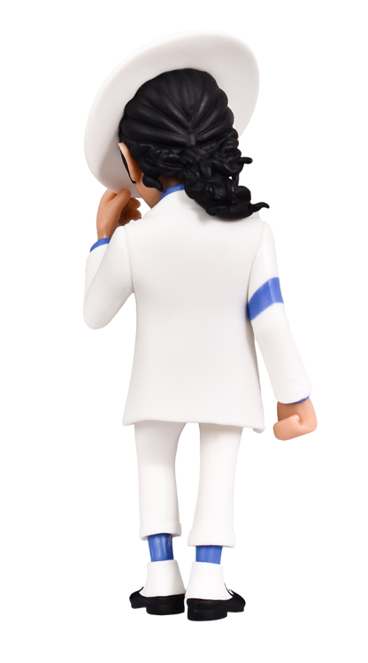 Rear view of the MINIX Michael Jackson Smooth Criminal figure, wearing a white fedora, white suit with a blue armband, and black shoes, his right hand poised near the hat