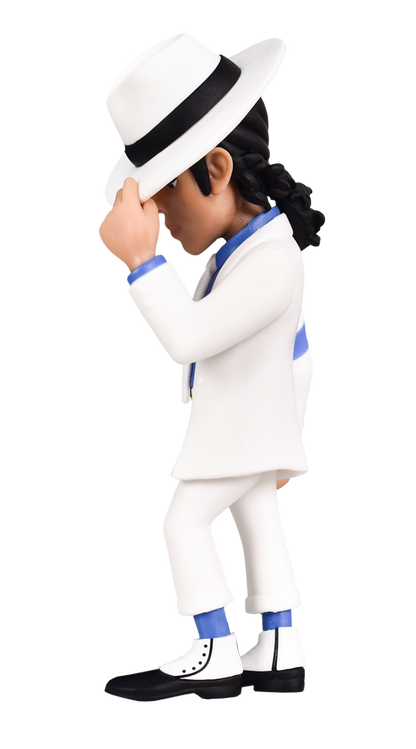 A MINIX Michael Jackson Smooth Criminal figure in a white suit, blue shirt and tie, and white fedora with a black band, shown in profile with his hand on his hat brim, tilting it