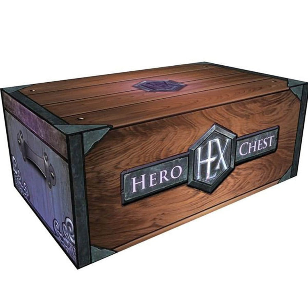 A brown wooden treasure chest with dark metal trim. The front features a &quot;HERO HX CHEST&quot; label.