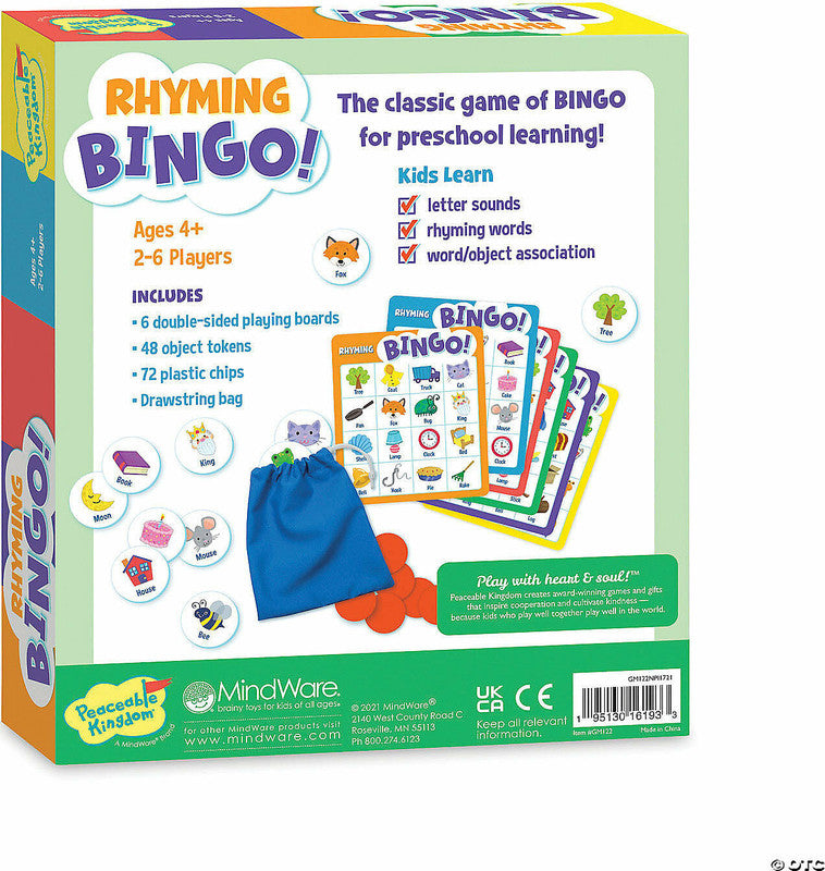 Peaceable Kingdom Rhyming Bingo game box, classic game for preschool learning, multicolor