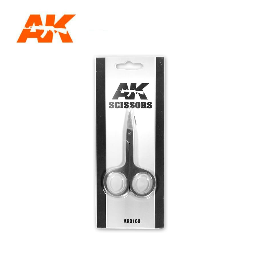 AK brand small black scissors in clear blister packaging with 'AK SCISSORS' and model AK9168 visible