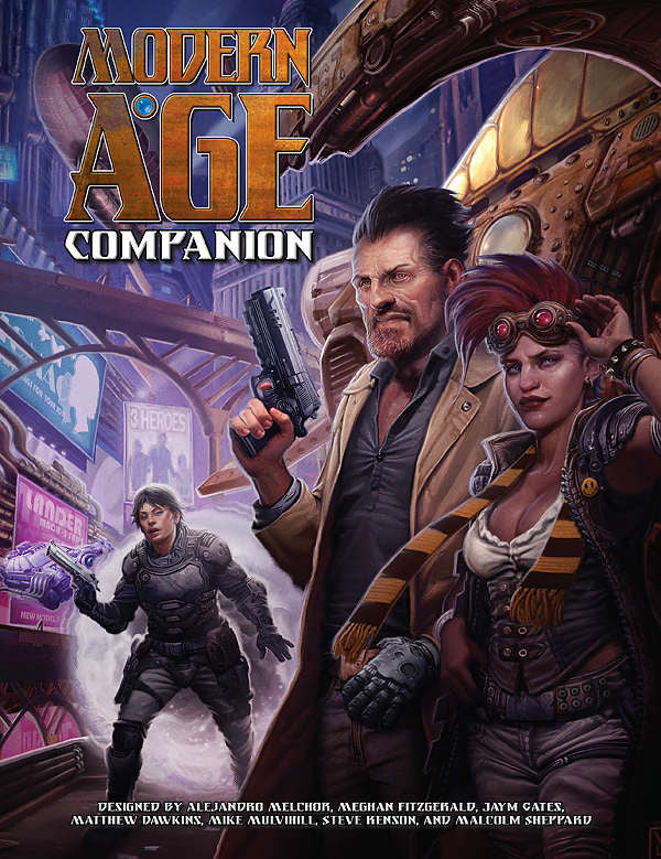 Cover: Modern Age Companion. Three armed characters, one emerging from mist, in a neon-lit futuristic city.