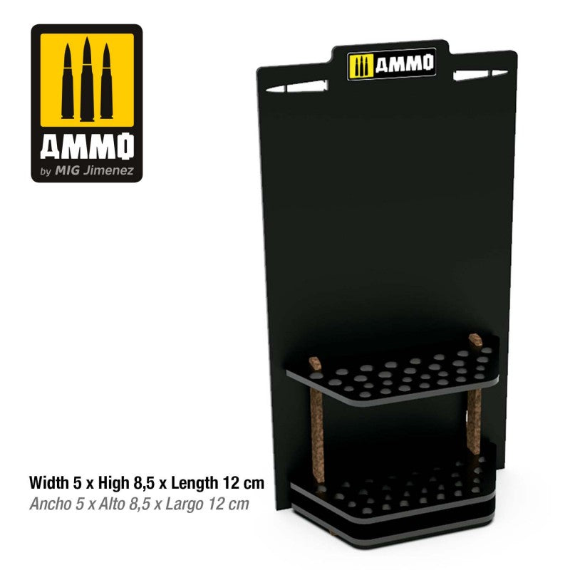 Ammo by MIG Jimenez modular workshop brush and tool display stand in satin black finish featuring a top shelf with numerous holes for brushes and a lower solid shelf for accessories perfect for hobby and modeling enthusiasts