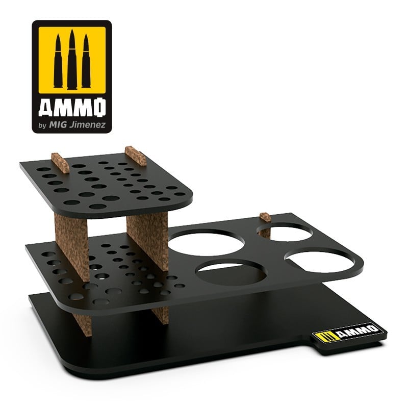 Black multi-tier Ammo hobby stand with various holes for paint bottles, brushes and tools, supported by cork risers