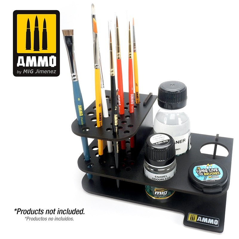 A black multi-tiered Ammo organizer for hobby model tools, filled with brushes and paint bottles