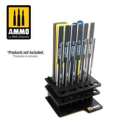A black tiered display rack holding various AMMO sanding sticks, Products not included