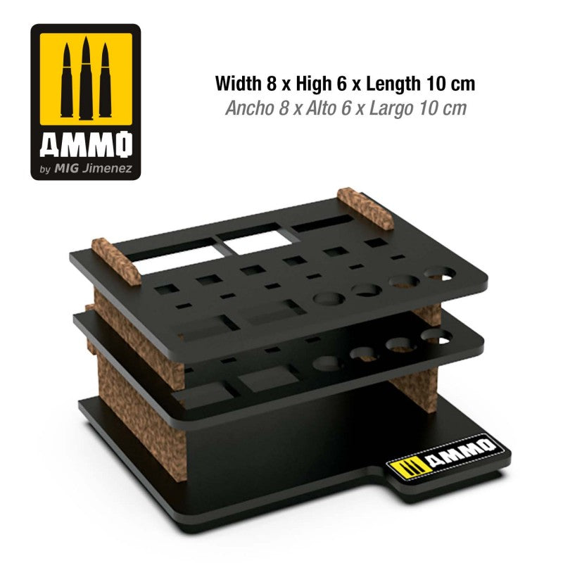 A black, compact 3-tier AMMO hobby organizer stand with multiple slots and holes for tools and paints