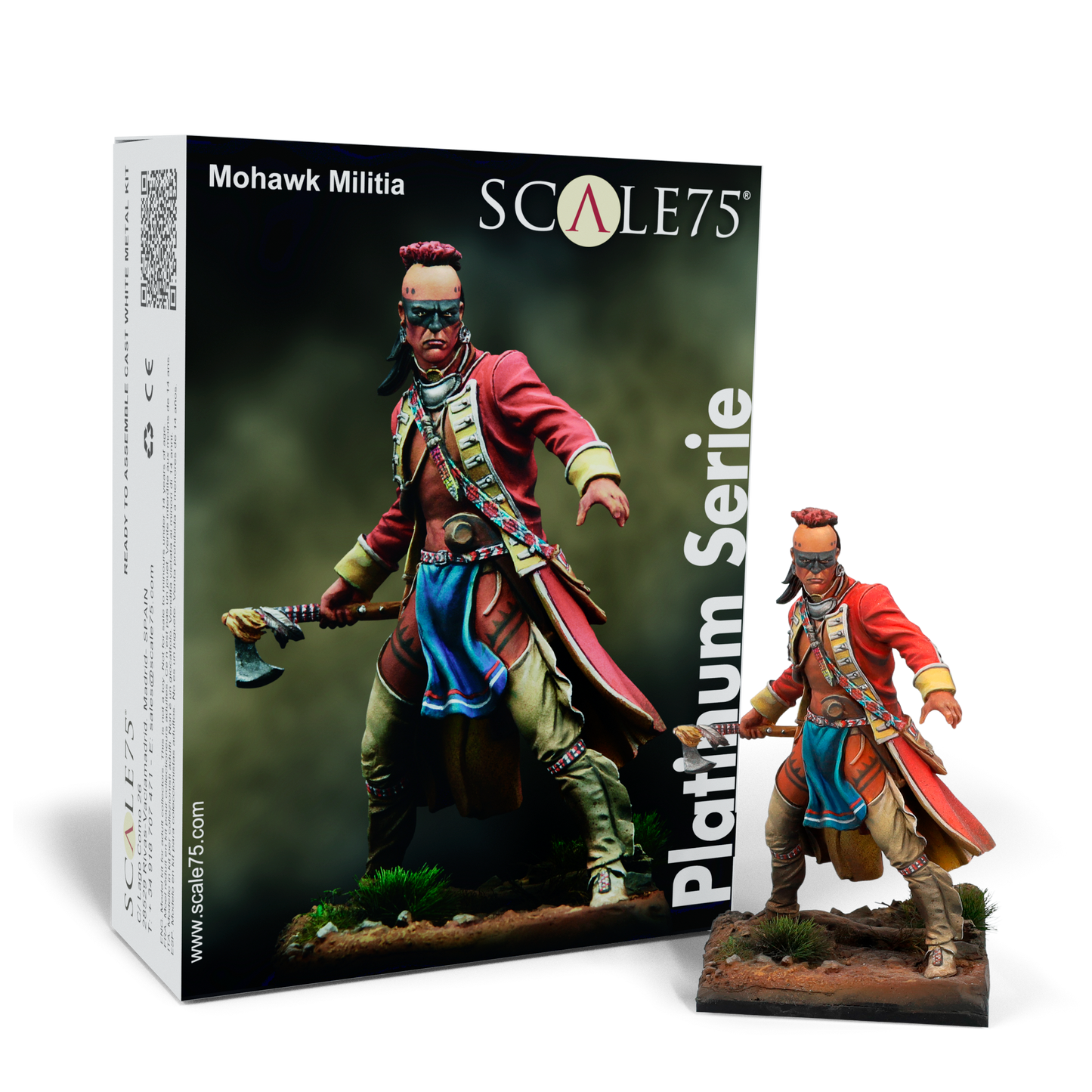 Scale75 Mohawk Militia model kit: A painted warrior miniature in red coat, with face paint, holding an axe.