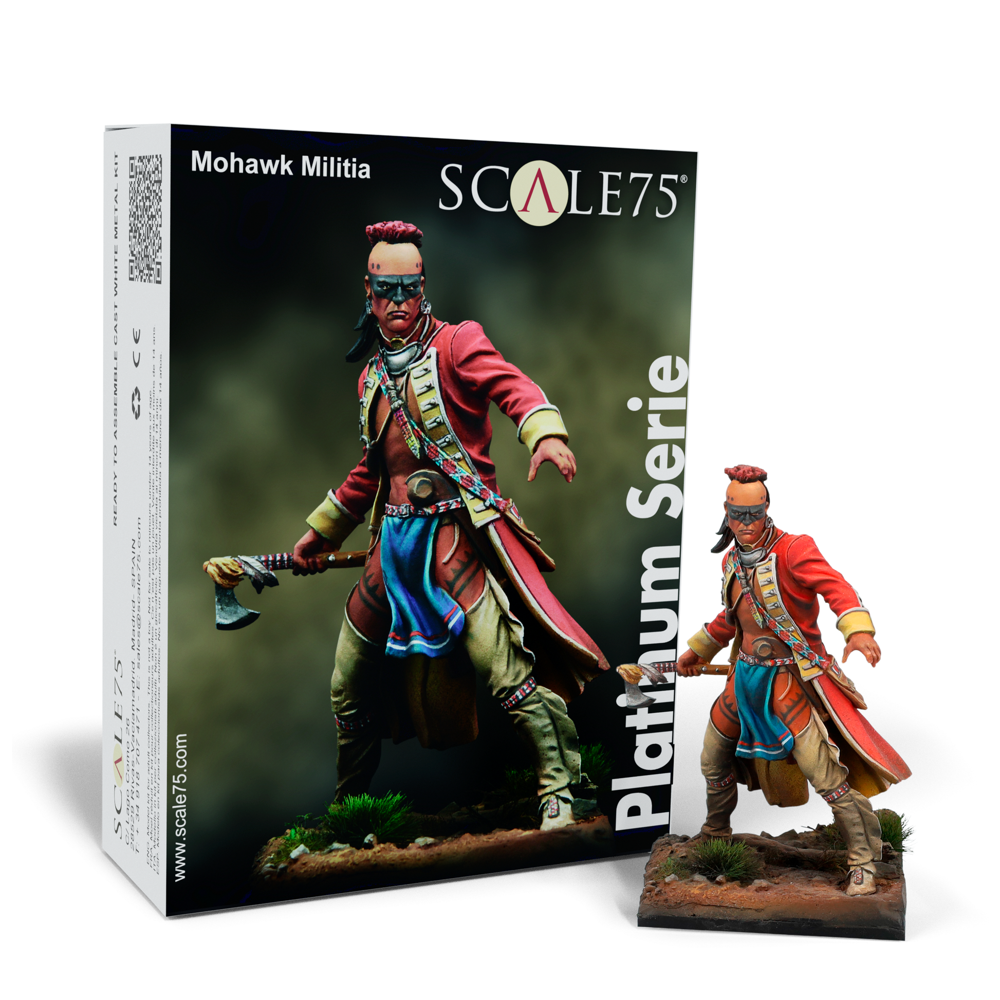 Scale75 Mohawk Militia model kit: A painted warrior miniature in red coat, with face paint, holding an axe.