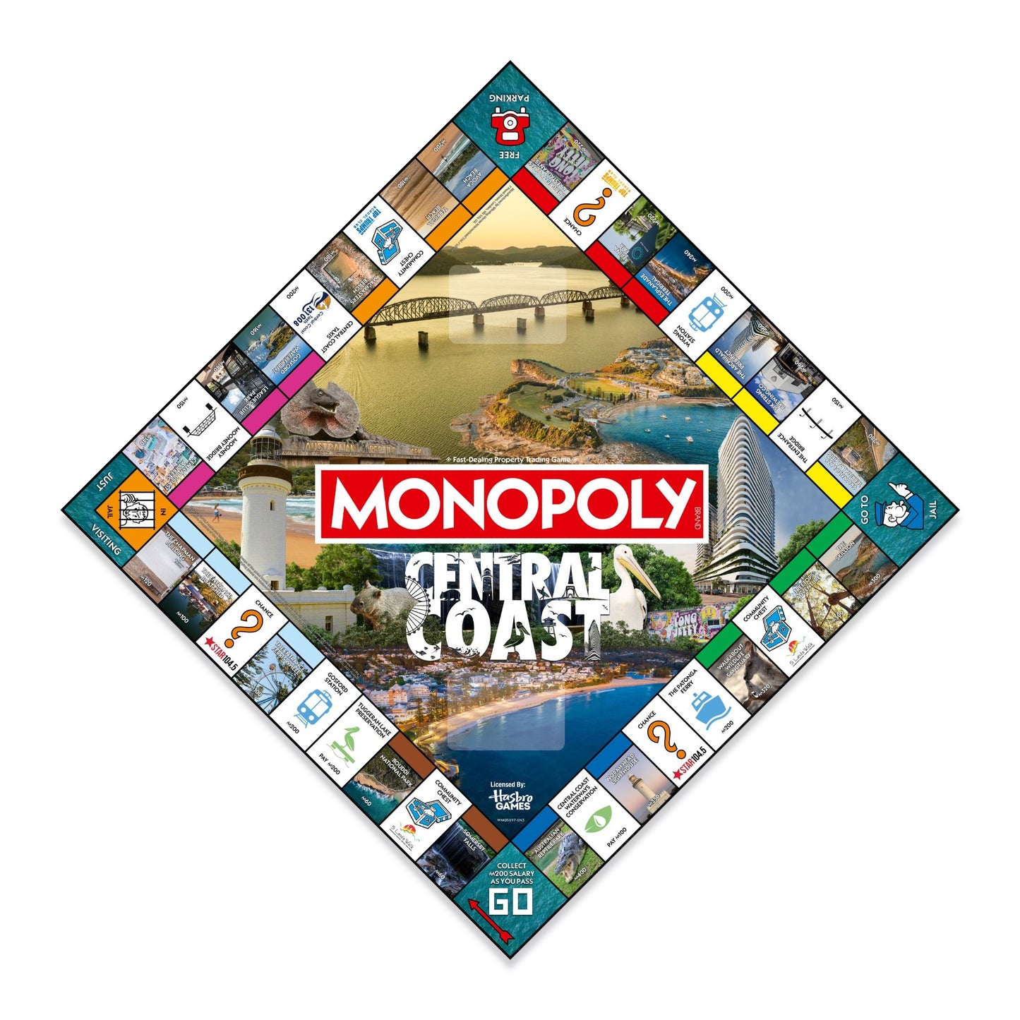 Central Coast Monopoly board game with local landmarks, including a lighthouse, bridge, and coastal scenes