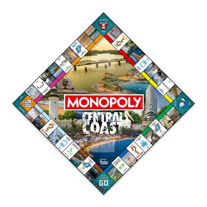Central Coast Monopoly board game with local landmarks, including a lighthouse, bridge, and coastal scenes