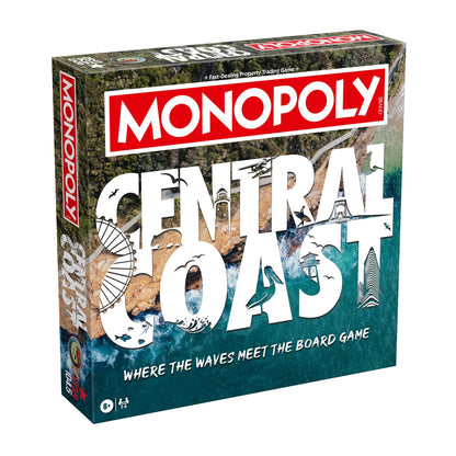 Monopoly Central Coast edition board game box, illustrated with a coastal scene featuring cliffs and ocean
