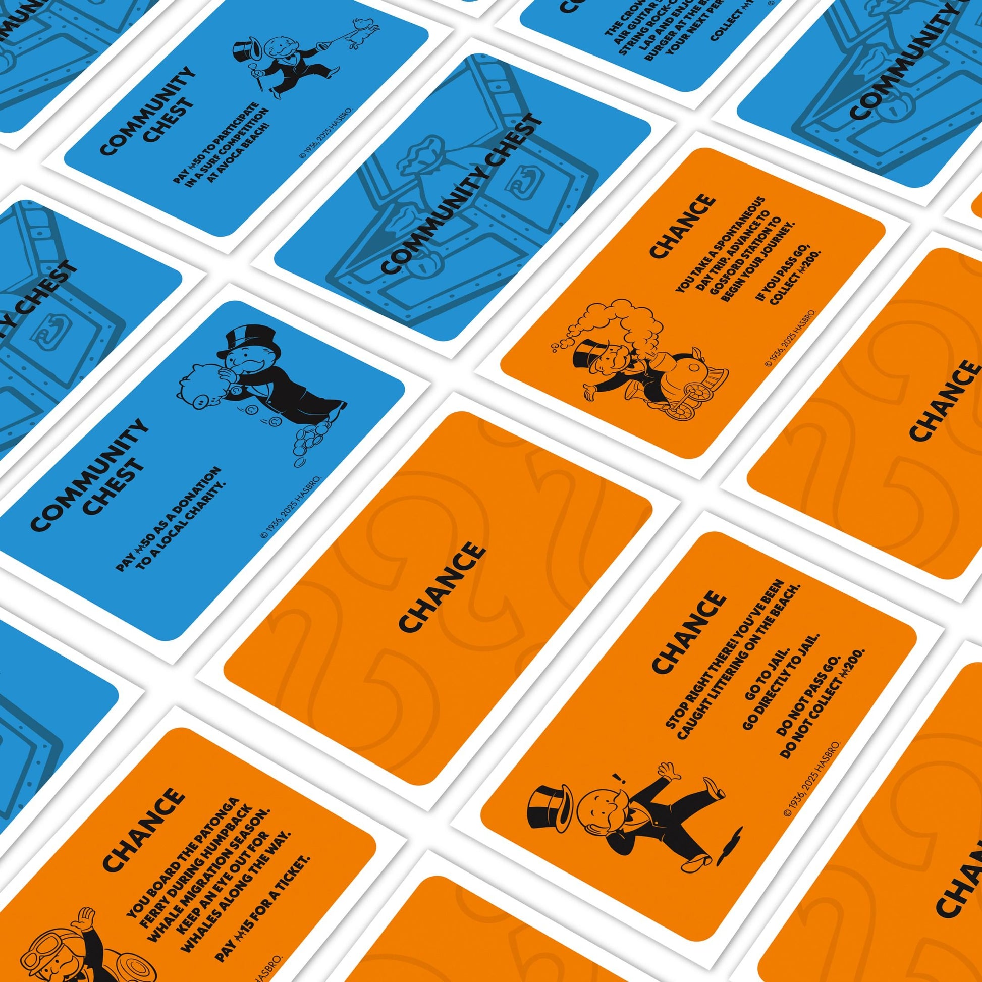 Blue Community Chest and orange Chance Monopoly cards spread across a white surface