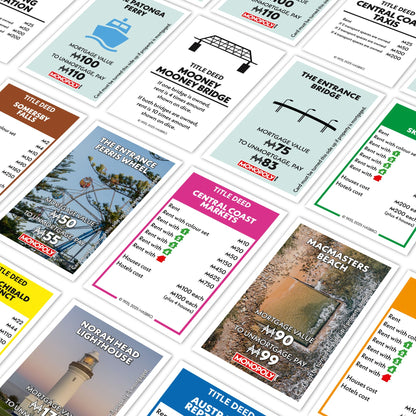 Close-up of scattered Monopoly Title Deed cards showing local landmarks (MacMasters Beach, Norah Head Lighthouse)